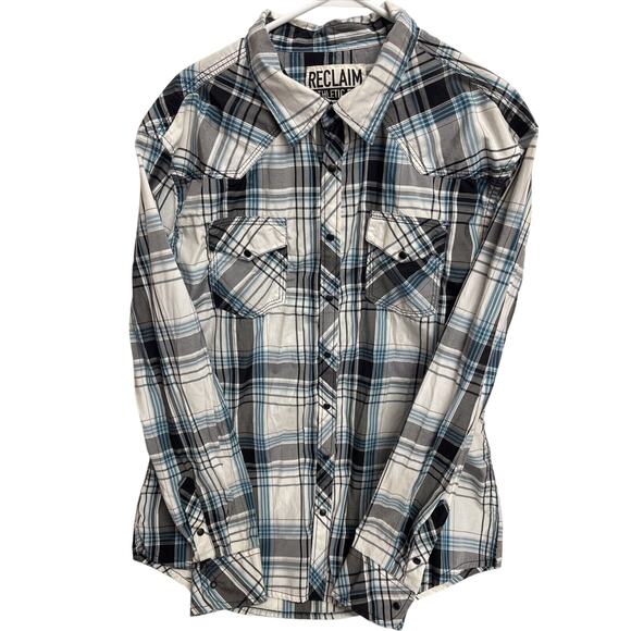 Men’s Reclaim XL Athletic Fit Long Sleeve Black Pearl Snap Button Plaid Shirt - Picture 1 of 7